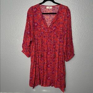 NATURAL LIFE Red and Purple 3/4 Sleeve Dress